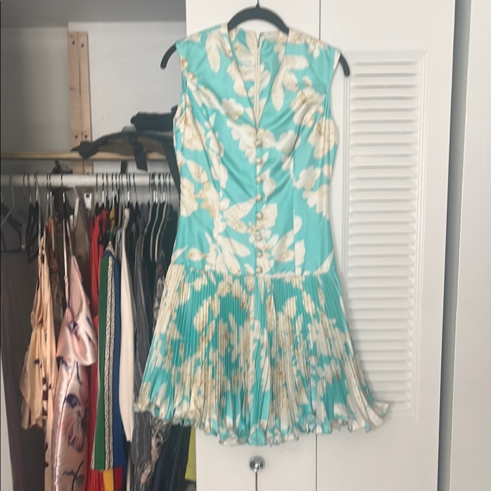 Floral Pleated Dress - Blue and Cream